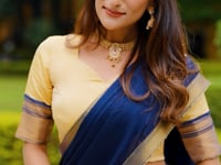 Beige-Navy Blue Zari Weaving  Kanchipuram Lehenga Choli