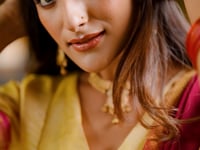 Beige-Dark Pink Zari Weaving  Kanchipuram Lehenga Choli