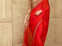 Blooming Red Satin Silk Embroidery Party Wear Saree