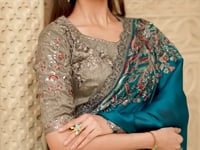 Teal Blue Satin Silk Embroidery Party Wear Saree