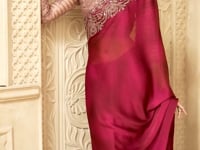 Wine Red Satin Georgette Embroidery Party Wear Saree