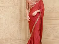 Brick Red Georgette Embroidery Party Wear Saree