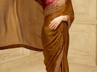 Golden brown Satin Georgette Embroidery Party Wear Saree
