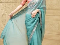 Dusty Teal Crush Georgette Embroidery Party Wear Saree