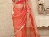 Rust Orange Sparkle Georgette Embroidery Party Wear Saree
