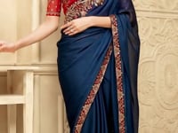 Peacock Blue Satin Georgette Embroidery Party Wear Saree