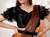 Orange-Brown Shaded Satin Silk Beads Work One Minute Saree