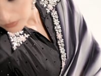 Black Satin Silk Saree With Print & Stone Handwork