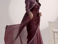 Berry Wine Satin Silk Saree With Print & Stone Handwork
