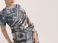 Bluish Grey Paper Silk Saree With Print & Stone Handwork