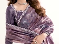 Dark Mauve Paper Silk Saree With Print & Stone Handwork