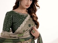 Green Satin Silk Saree With Print & Stone Handwork