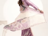 Lavender Satin Silk Saree With Print & Stone Handwork