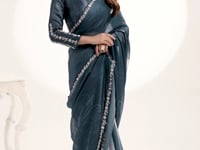 Greyish Teal Satin Silk Saree With Print & Stone Handwork
