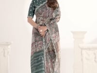 Green Paper Silk Saree With Print & Stone Handwork