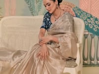 Shiney Beige Tussar Silk Embroidery Party Wear Saree