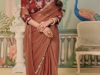 Rust Orange Satin Organza Embroidery Party Wear Saree