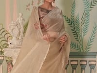 Sand Beige Satin Organza Embroidery Party Wear Saree