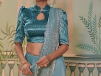 Sky Blue Satin Silk Embroidery Party Wear Saree