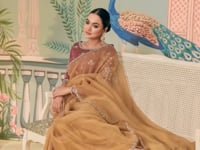 Golden Brown Satin Organza Embroidery Party Wear Saree