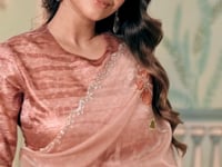 Peach Pink Satin Organza Embroidery Party Wear Saree