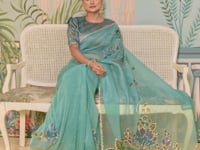 Glaciar Blue Satin Organza Embroidery Party Wear Saree