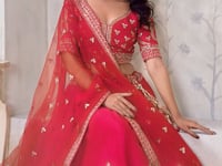 Red Wedding Silk Lehenga With Leaf Embroidery