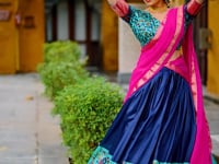 Navy Blue Printed & Zari Weaving Silk Lehenga Choli