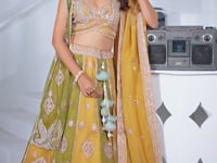 Yellow Lehenga With 2 Dupatta & Elephant Peacock Motifs