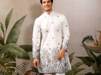White Silk Kurta Set With Elephant Embroidery Motifs