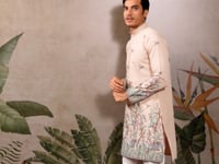 Beige Silk Kurta Set With Elephant Embroidery Work