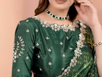 Dark Green Satin Silk Saree With Hand Work & Embroidery