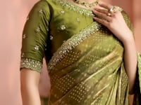 Shaded Olive Satin Silk Saree With Hand Work & Embroidery