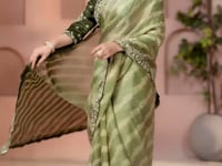 Shaded Green Satin Silk Saree With Hand Work & Embroidery