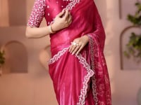 Raspberry Satin Silk Saree With Hand Work & Embroidery