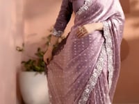 Dark Mauve Satin Silk Saree With Hand Work & Embroidery