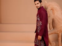 Stylish Maroon Kurta Set With Sequins Embroidery Jacket