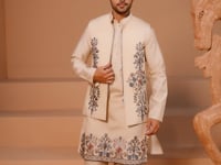 Elegant Beige Embroidery Sequins Kurta Set With Jacket
