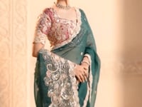 Teal Green Organza Satin Saree With Embroidery & Hand Work