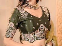 Mustard Olive Organza Satin Saree With Embroidery & Hand Work