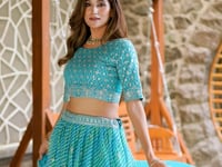 Turquoise Blue Silk Lehenriya Print & Embroidery Lehenga Choli