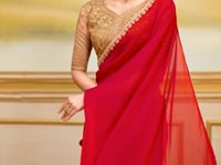 Cherry Red Shining Georgette Embroidery Saree