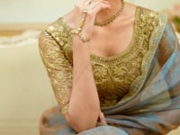 Golden Teal Pattern Georgette Embroidery Saree