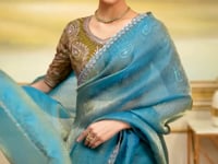 Teal Blue Checks Georgette Embroidery Saree