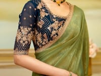 Pista Green Golden Georgette Embroidery Saree