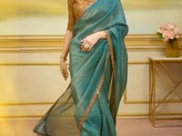 Teal Green Golden Georgette Embroidery Saree