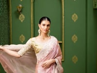 Peach Pink Satin georgette Heavy Embroidery Saree