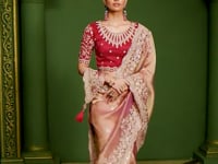 Peachy Orange Shiny georgette Heavy Embroidery Saree