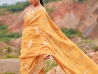 Amber Yellow Silk Heavy Embroidery & Hand Work Saree