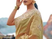 Golden Beige Silk Heavy Embroidery & Hand Work Saree